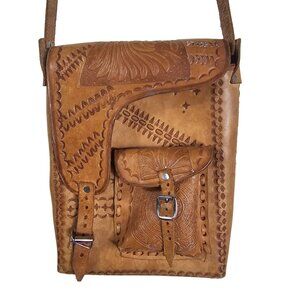 VTG Saddle Hand-Tooled Leather Crossbody Bag Adjustable Strap Aztec Southwestern